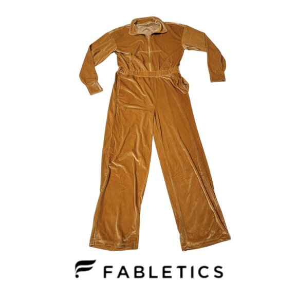 🔥 Fabletics Gold Velour Jumpsuit XL | Retro Glam Tracksuit Energy | Stretch Zip - Picture 1 of 12